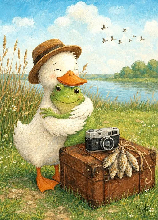 Illustrated art postcard of a duck hugging a frog beside a vintage camera and suitcase by a peaceful lake, Autumn Moments by T&A