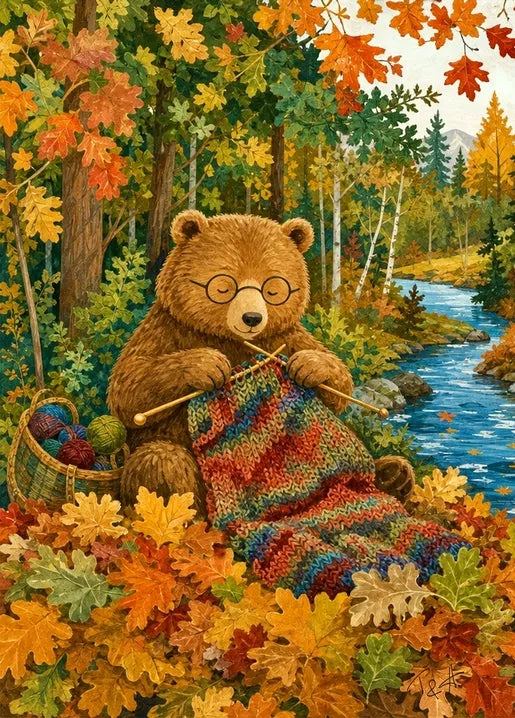 A Bear is Knitting by the River - Art Postcard by T&A