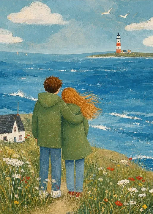 Together by the Sea. Lighthouse - Art Postcard by T&A