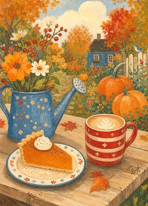 Pumpkin Pie in the Autumn Garden - Art Postcard by T&A