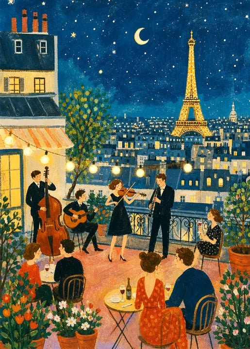 Paris Jazz Night. Eiffel Tower - Art Postcard by T&A