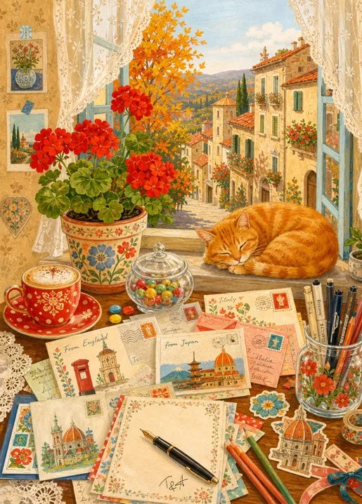 Autumn Letters by the Window and Cat - Art Postcard by T&A