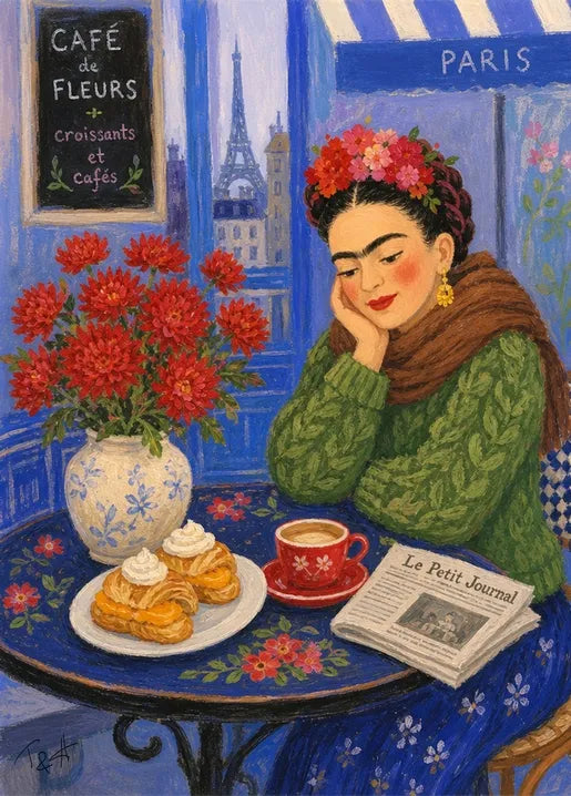 Frida in a Paris Café - Art Postcard by T&A