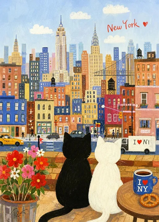 New York art postcard with black and white cats overlooking a colorful city street, skyscrapers, flowers and coffee, by T&A