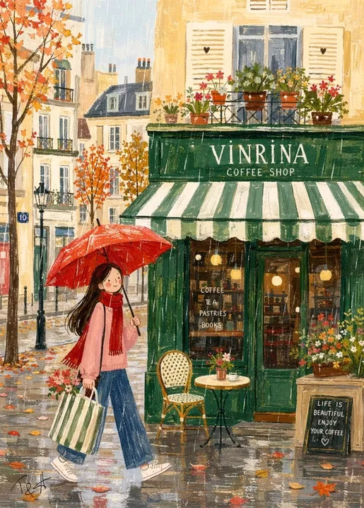Cozy Rainy Day at the Coffee Shop - Art Postcard by T&A