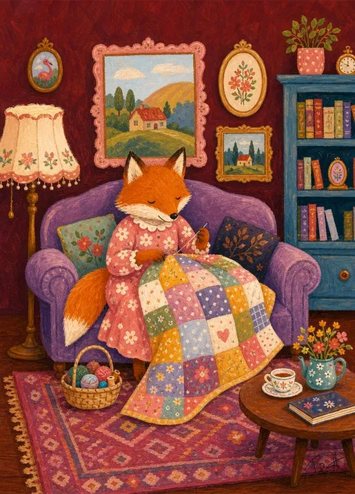 Fox Sewing a Patchwork Quilt - Art Postcard by T&A