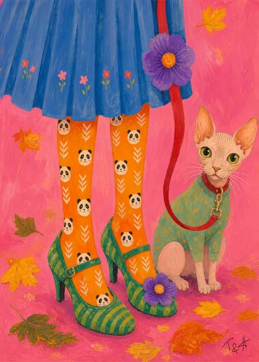 Fashion Cat. Panda Socks - Art Postcard by T&A