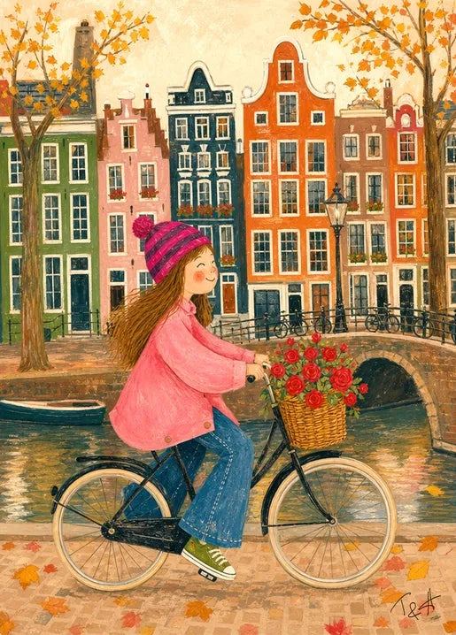 Girl on a bicycle. Autumn in Amsterdam - Art Postcard by T&A