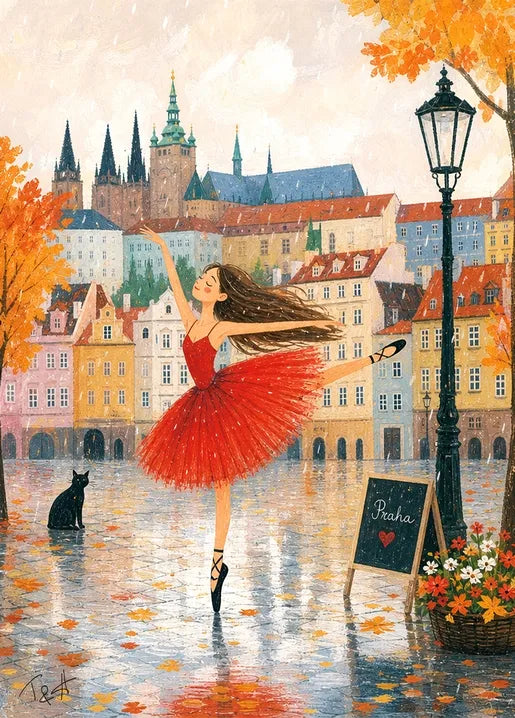 Prague Ballerina in Autumn - Art Postcard by T&A