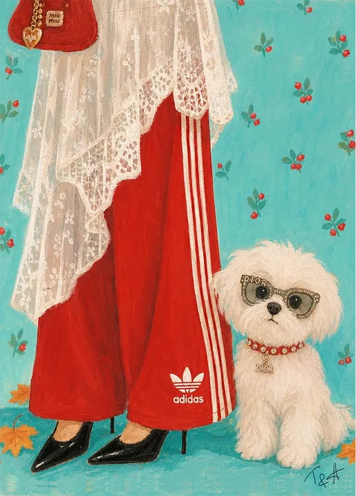 Fashion art postcard showing a girl in red trousers and black heels with a fluffy dog wearing glasses, Autumn Moments by T&A