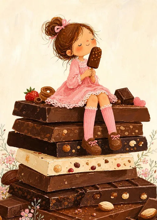 Illustrated art postcard of a little girl in a pink dress sitting on chocolate bars and enjoying a chocolate treat, Autumn Moments by T&A