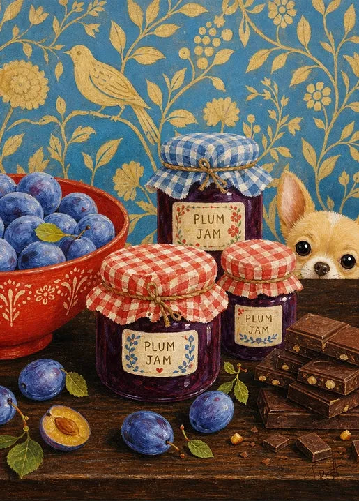 Cozy art postcard with jars of homemade plum jam, fresh purple plums and a cute Chihuahua peeking into the scene, Autumn Moments by T&A