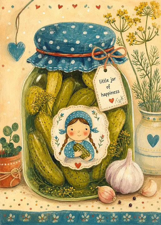 Art postcard of a jar of pickles with herbs and garlic, featuring the words “A Little Jar of Happiness”, by T&A