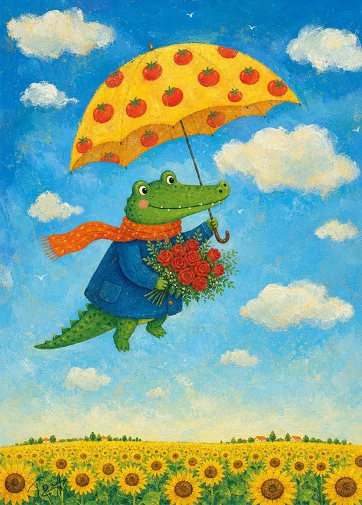 Whimsical art postcard of a green crocodile carrying a tomato-print umbrella and red roses over a sunflower field, Autumn Moments by T&A