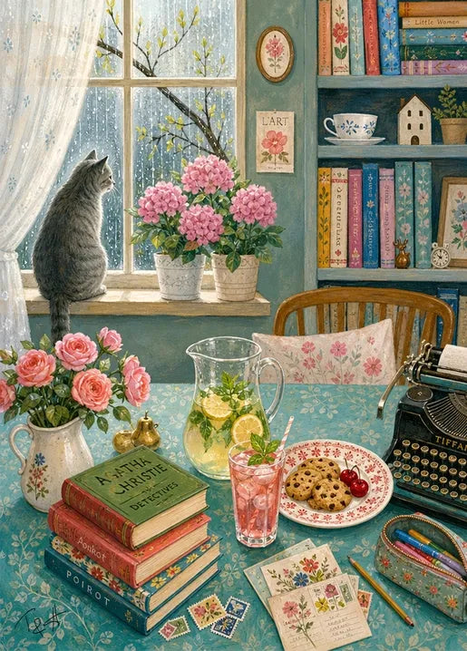 Cozy art postcard with a gray cat by a rainy window, vintage books, flowers, typewriter and letter-writing stationery, Autumn Moments by T&A