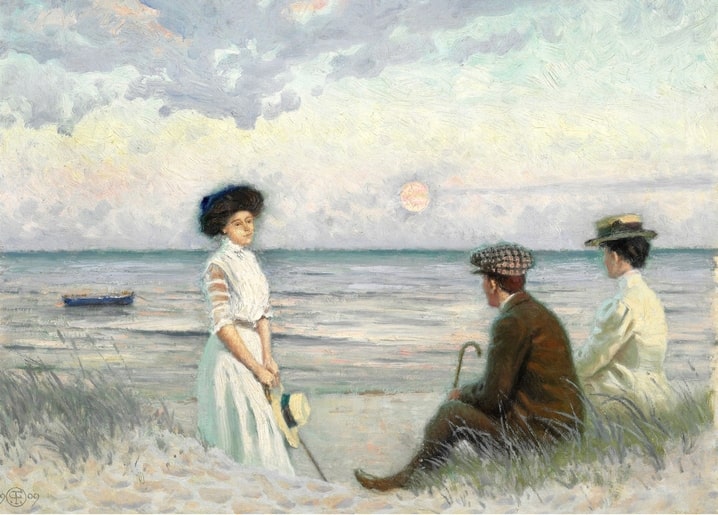 Gemälde von drei Personen am Strand von Falsterbo mit Ruderboot und blasser Abendsonne