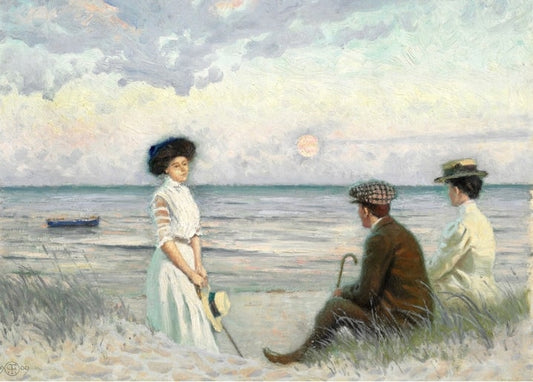 Painting of three figures on a beach at Falsterbo with a rowboat and pale evening sun