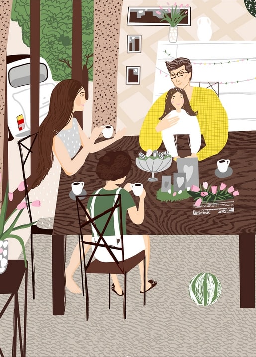 Illustration of a family having coffee at a table with tulips, a father holding his daughter close.