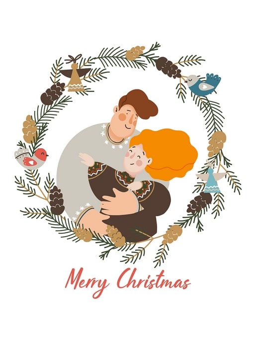 Vater umarmt sein Kind in einem Weihnachtskranz aus Tannenzweigen und Zapfen
