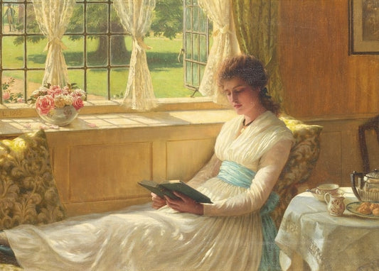Edmund Blair Leighton’s A Favourite Author — a young woman reading by a window with roses, 1905