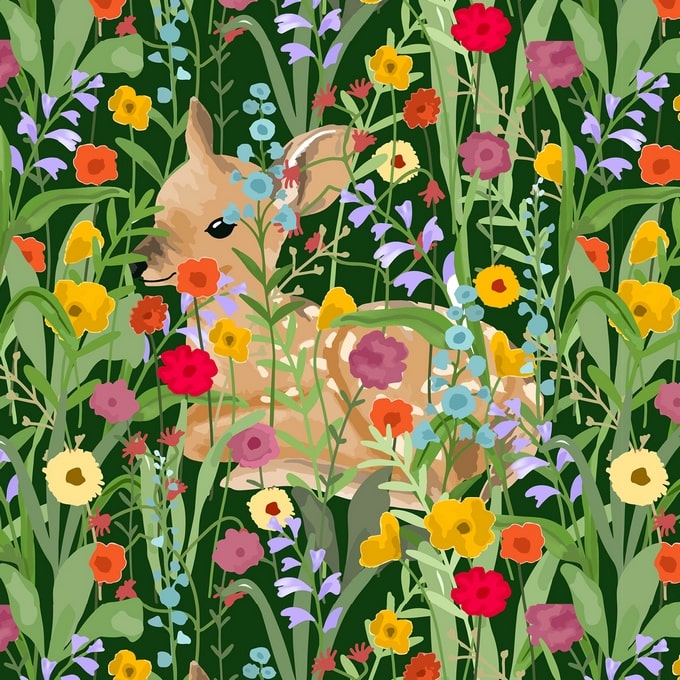 Illustrated fawn resting among colorful wildflowers on a dark green background