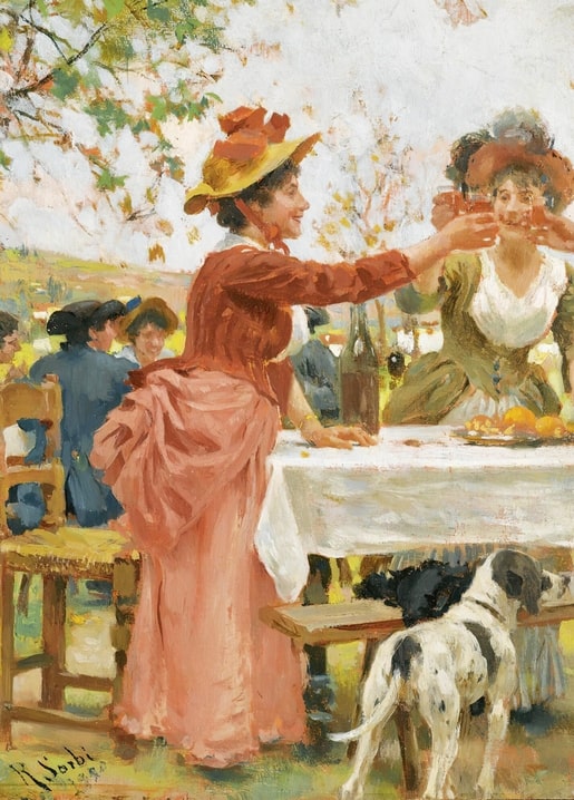 Gemälde von zwei Frauen, die bei einem herbstlichen Fest im Freien anstoßen, Hunde unter dem Tisch