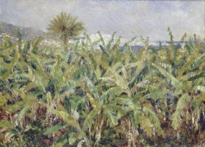 Impressionist banana leaf field with palm tree and coastline, painting by Pierre-Auguste Renoir