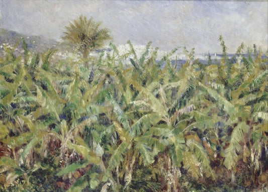 Impressionist banana leaf field with palm tree and coastline, painting by Pierre-Auguste Renoir