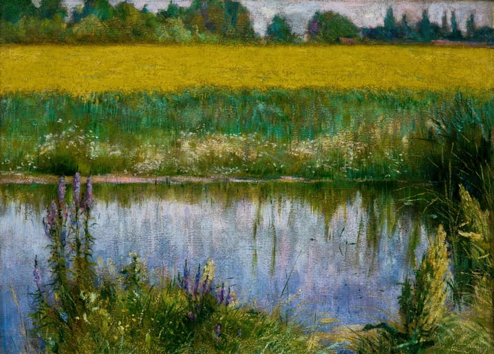 Impressionist landscape painting of purple lupines by a pond with a golden field, by Władysław Podkowiński