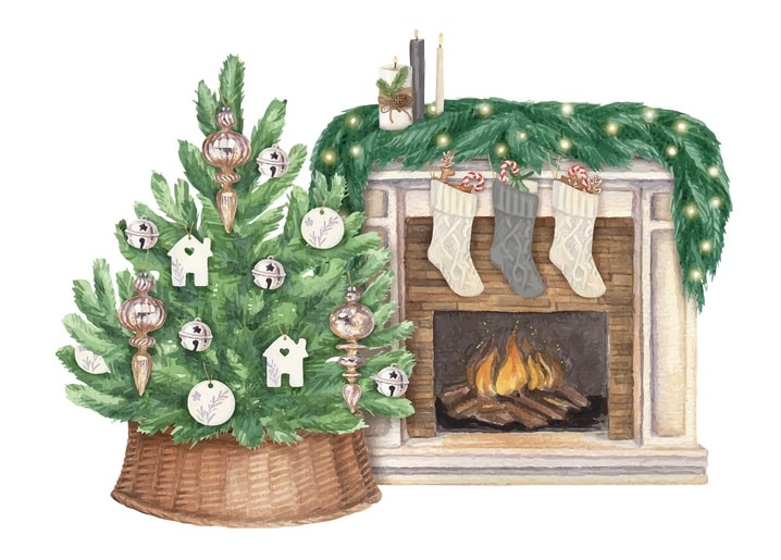 Illustration eines Weihnachtsbaums mit silbernen Kugeln neben einem Steinkamin mit drei gestrickten Strümpfen