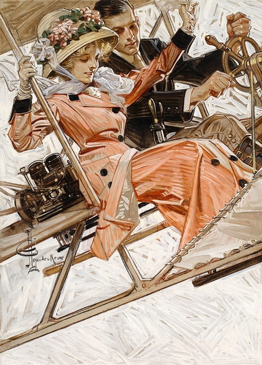Illustration of a couple in an open-frame biplane, woman in a coral coat and flowered hat