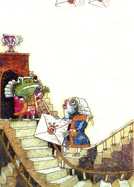 Fish-Footman delivers a letter to the Frog-Footman on a grand staircase