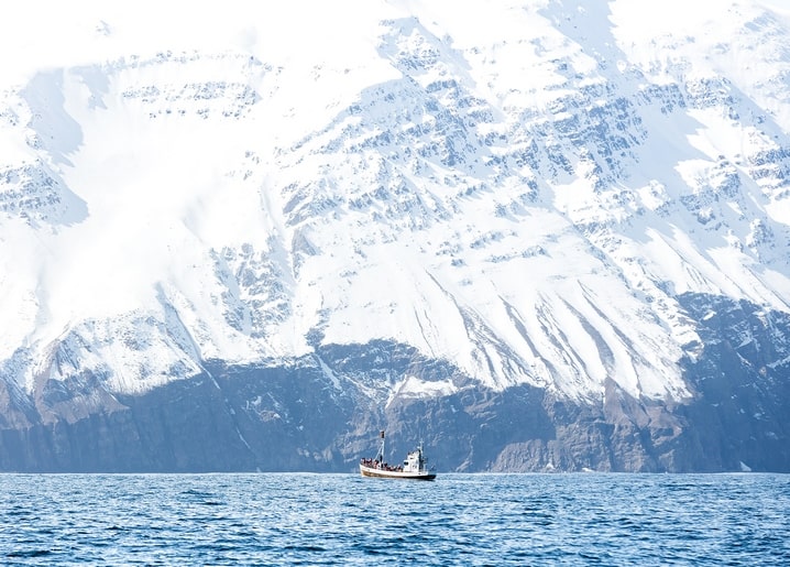 Small fishing boat on the sea in front of towering snow-covered mountains