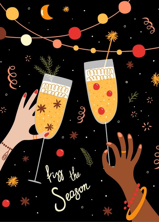 Two hands toasting champagne glasses with cherries under string lights and a crescent moon