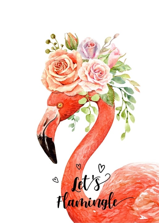 Watercolor flamingo with a crown of roses and the greeting “Let's Flamingle”