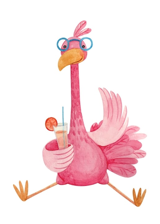 Pink flamingo wearing blue glasses and holding a citrus cocktail