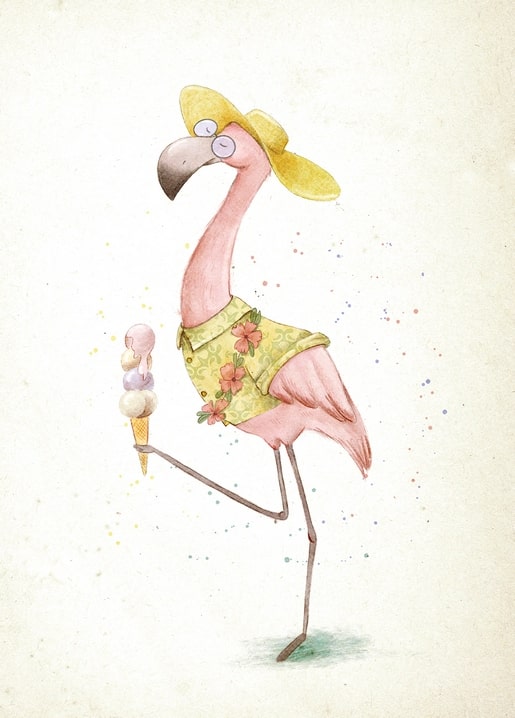 Watercolor illustration of a flamingo in a sun hat and hibiscus shirt holding an ice cream cone