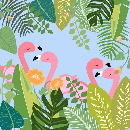 Pink flamingo pairs framed by tropical leaves on a blue background