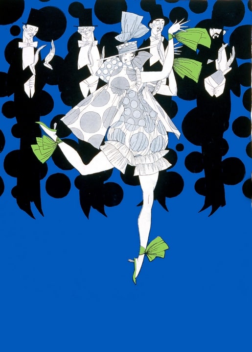 Art Deco postcard of a flapper in polka-dot dress dancing before men in top hats on blue
