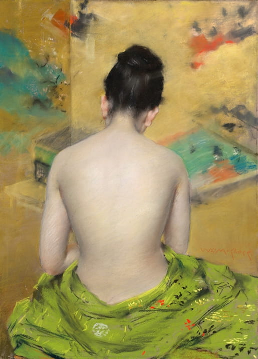 Pastel portrait of a woman's bare back wrapped in green silk against a gold Japanese-style background
