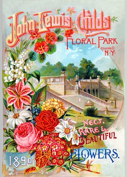 1890 John Lewis Childs catalog cover with a lily and rose bouquet before the Floral Park gardens