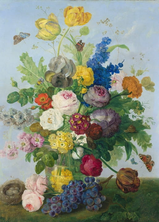 Sebastian Wegmayr painting of an ornate flower bouquet with grapes, butterflies, and a bird's nest