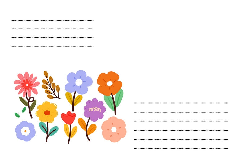 Weißer C6-Umschlag mit buntem handgezeichnetem Blumenstrauß und gepunkteten Adresslinien