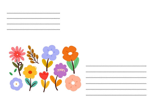 Weißer C6-Umschlag mit buntem handgezeichnetem Blumenstrauß und gepunkteten Adresslinien