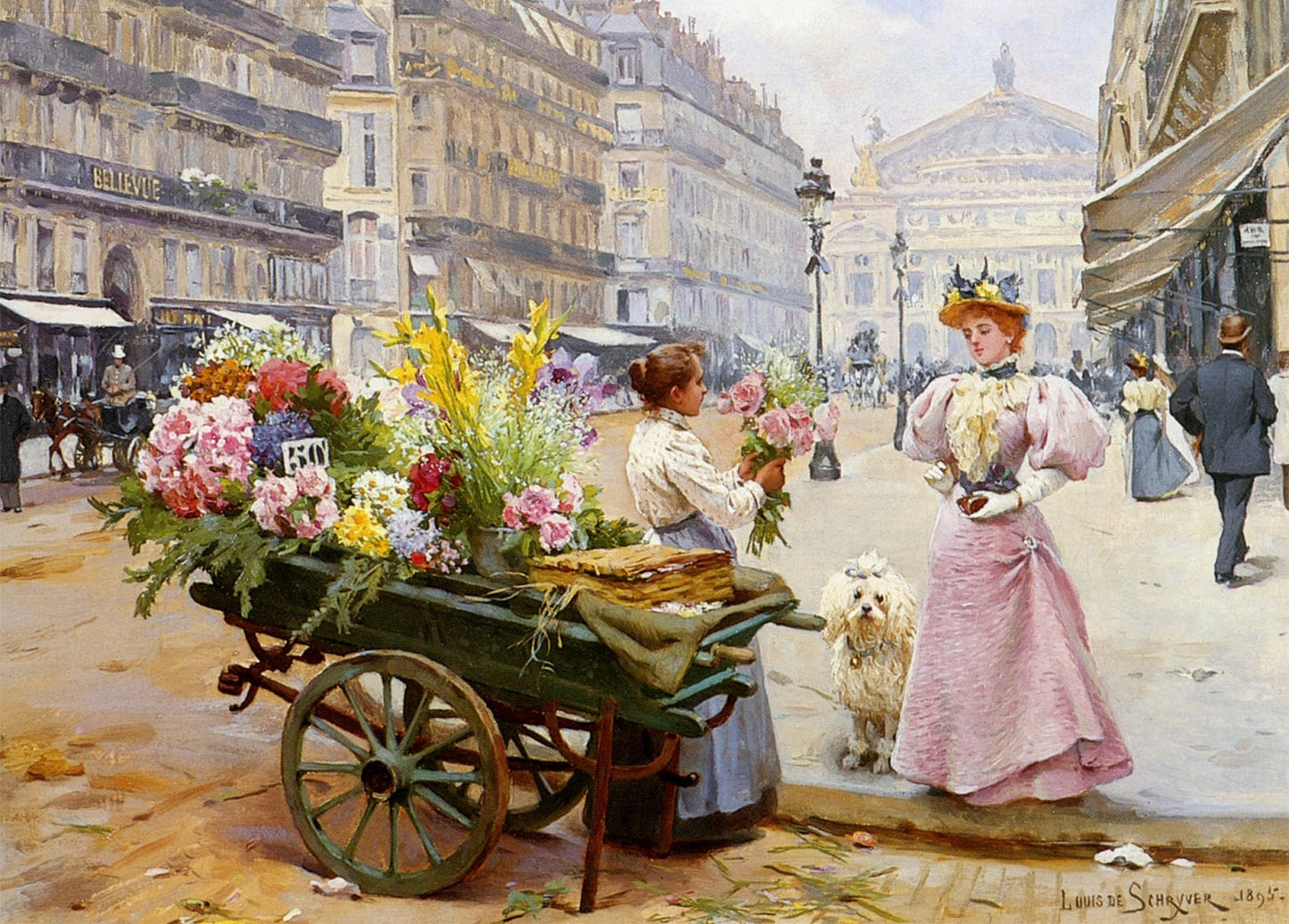 Gemälde von Louis De Schryver: Blumenwagen mit Rosen und Lilien an der Avenue de l'Opéra, Dame mit kleinem Hund
