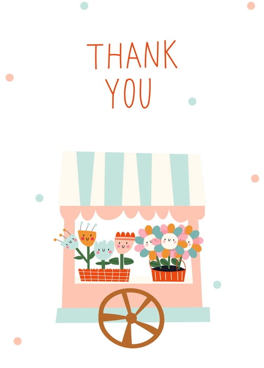 Illustrierter Blumenwagen mit lächelnden Blüten und dem Schriftzug „Danke“