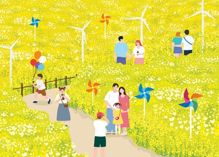 Families walking a yellow flower field past wind turbines, kids with balloons and colorful pinwheels.