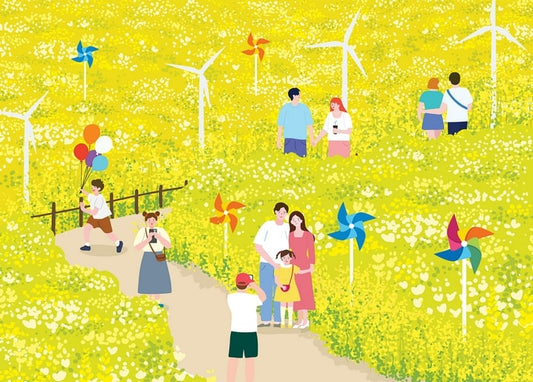 Families walking a yellow flower field past wind turbines, kids with balloons and colorful pinwheels.
