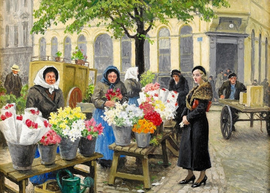 Gemälde von Paul Gustave Fischer: Blumenverkäuferinnen mit Blumenkörben auf einem Straßenmarkt