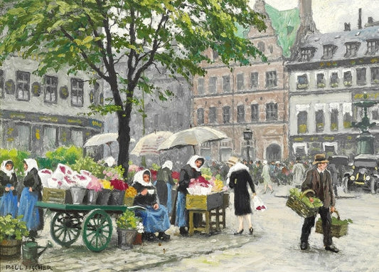 Blumenfrauen mit Wagen voller Sträuße am Højbro Plads, Gemälde von Paul Gustave Fischer